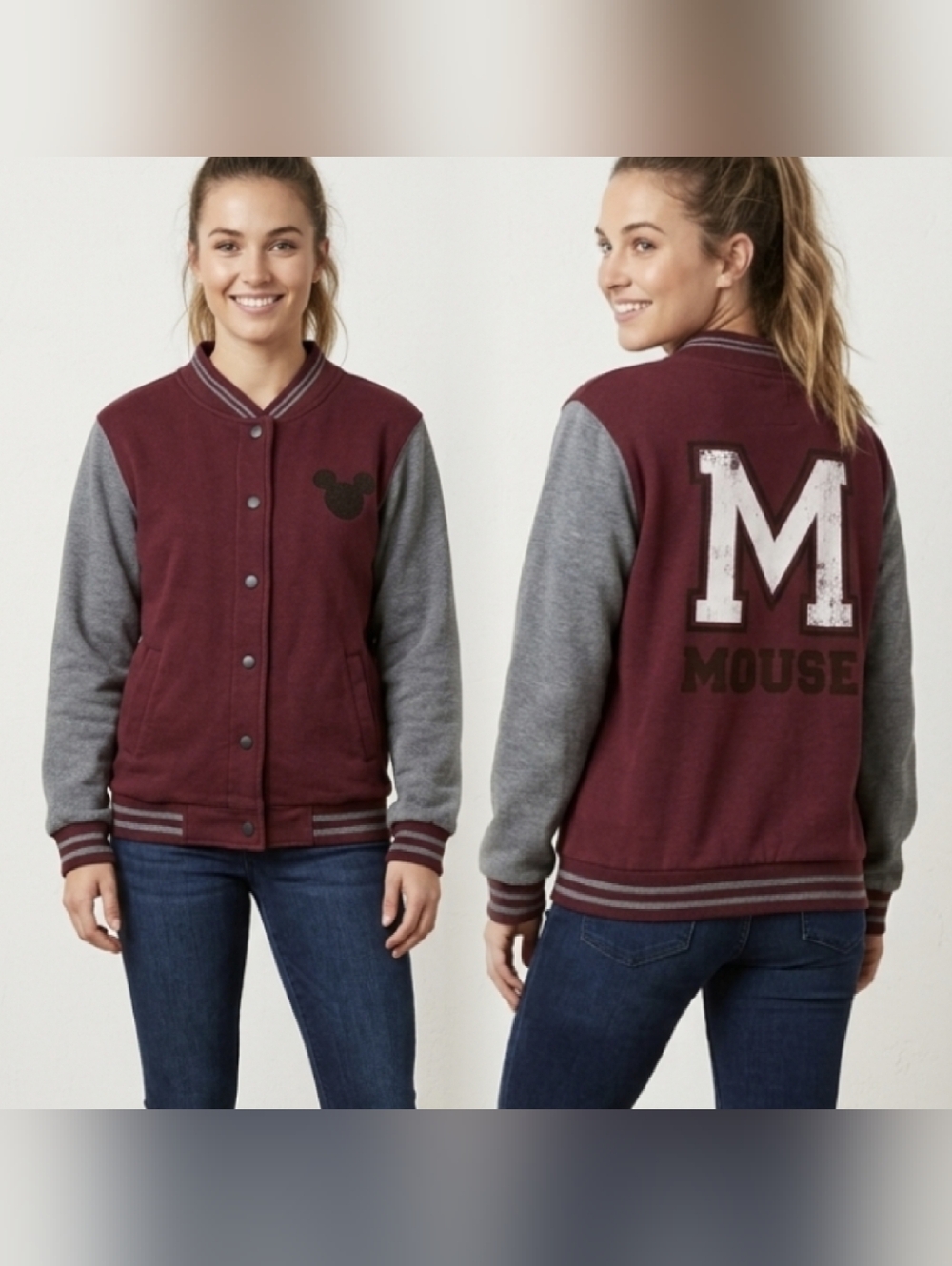 Disney Mickey Mouse Burgundy Vintage Style  Varsity Jacket T-Bar By Cotton On